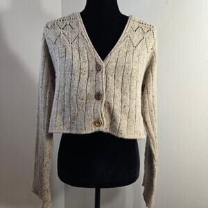 Vtg Nothing Like a Squeeze Cardigan Sweater Sz S Beige Tweed Pointelle Flare